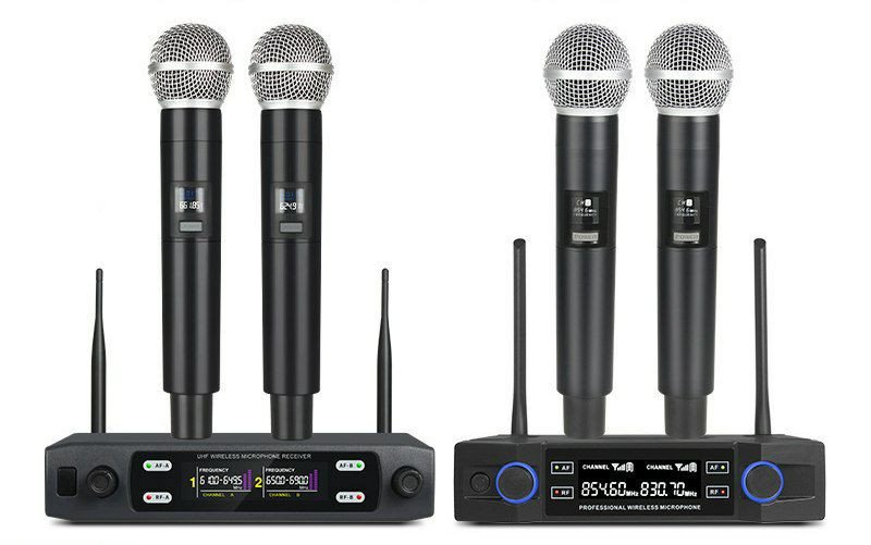 système de microphone sans fil UHF à double canal de type portable, souvent utilisé pour le karaoké, la scène ou les conférences.