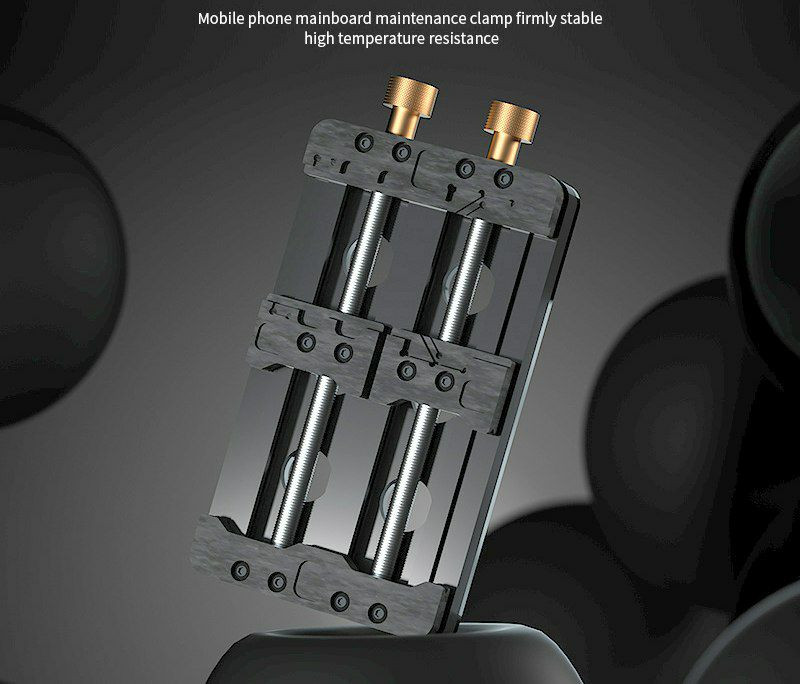 Support de fixation biaxial en alliage d'aluminium, mesurant 155 mm par 80 mm, conçu pour maintenir les cartes mères de téléphones portables et autres circuits imprimés.