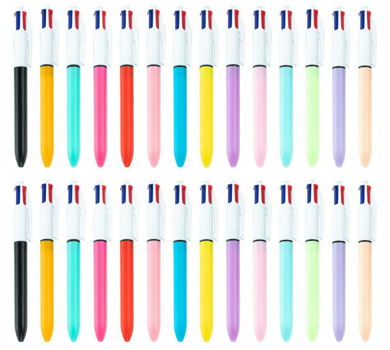 Stylos à bille rétractables 4 en 1 aux couleurs pastel et vives. Utilité : Permet de changer de couleur d'encre facilement avec un système de boutons poussoirs.