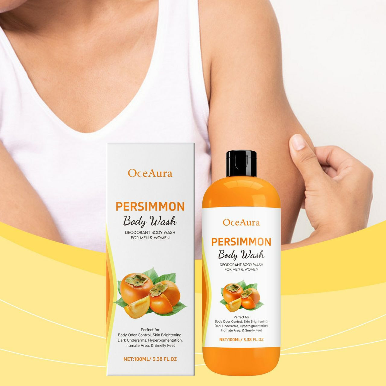 Gel douche désodorisant Oceaura Persimmon Body Wash, formulé avec des extraits de kaki, de romarin et de lavande.