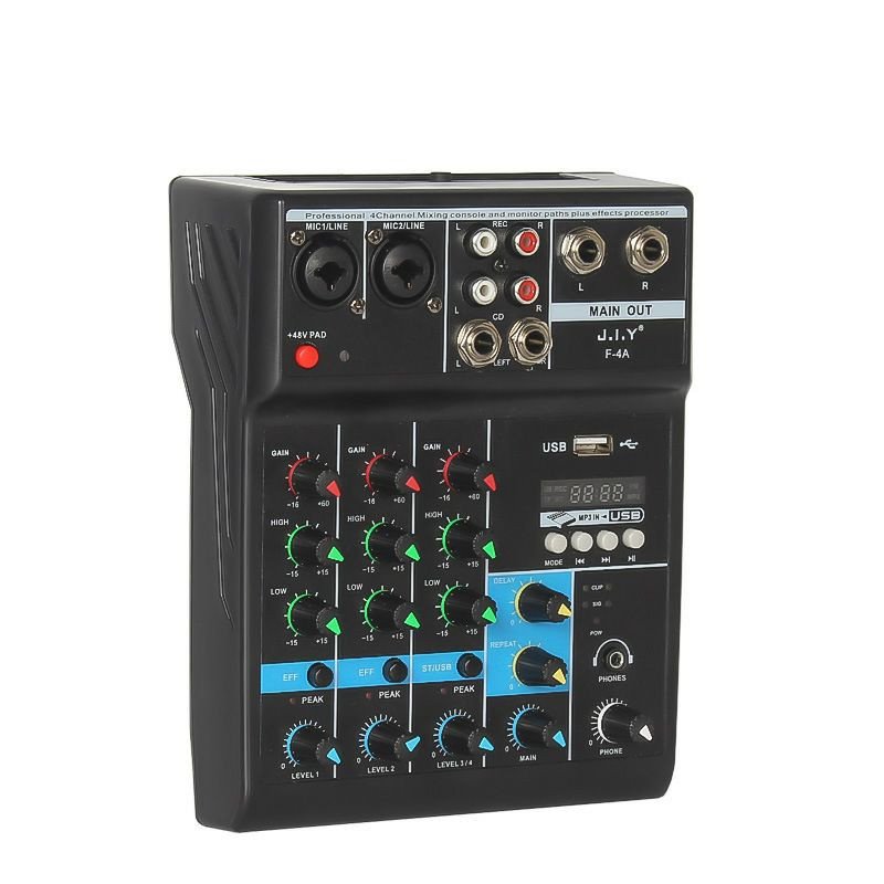 console de mixage 4 canaux (modèle J.I.Y F-4A) est un appareil audio compact et polyvalent, idéal pour le karaoké, le streaming et les petits enregistrements.